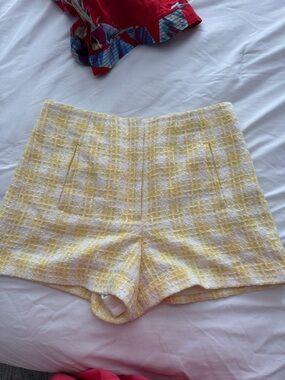 Veronica Beard Yellow and White Tweed High-Waist Shorts
